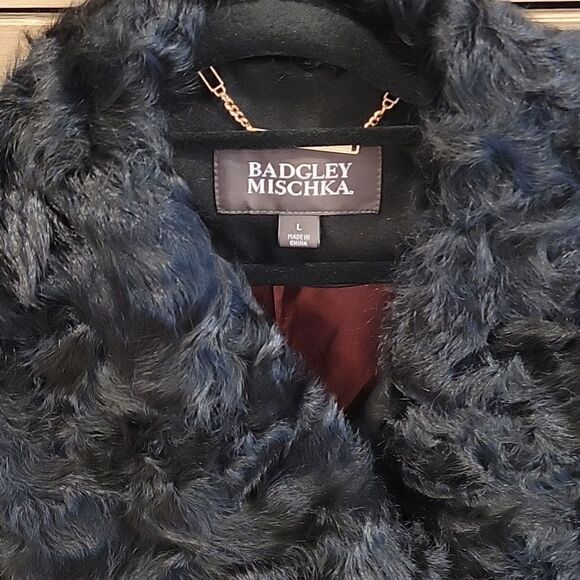 NEW Badgley Mischka willow leather trim fur collar zip coat size L - Picture 3 of 8